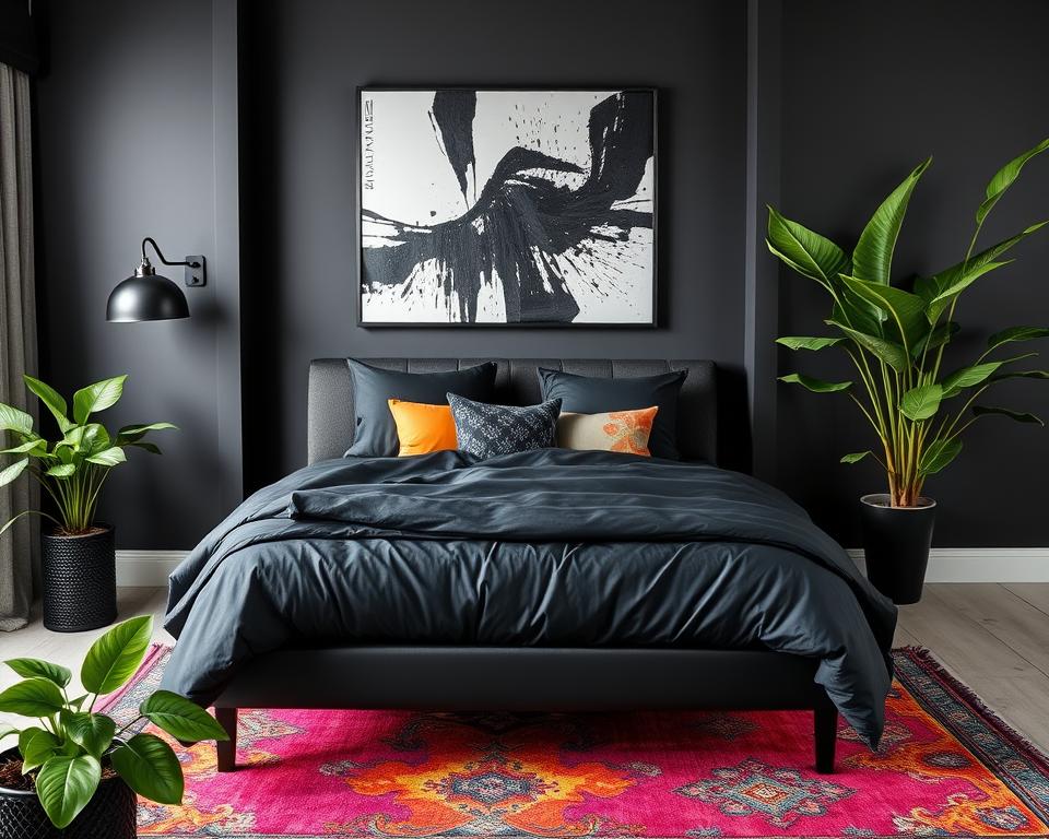 black bedroom with color