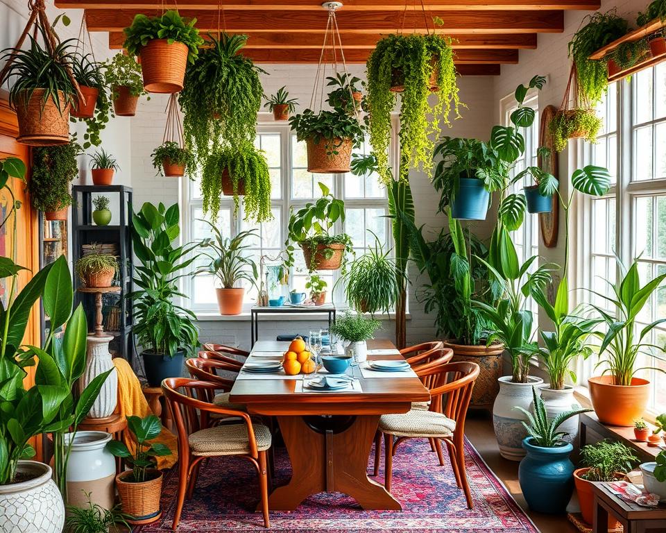 plants in bohemian dining room